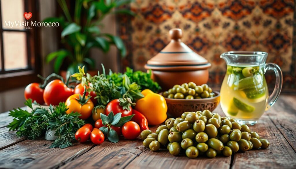 A vibrant still life on a rustic wooden table, capturing the essence of Moroccan spring cuisine. In the foreground, an array of fresh produce - ripe tomatoes, crisp peppers, fragrant herbs, and a pile of vibrant green olives. In the middle ground, a traditional clay tagine pot and a glass pitcher filled with refreshing mint tea. The background features a tapestry-like patterned rug, casting a warm, earthy ambiance. Soft, diffused lighting from a nearby window illuminates the scene, creating a cozy, inviting atmosphere. Branded with the "MyVisitMorocco" logo. A vibrant still life on a rustic wooden table, capturing the essence of Moroccan spring cuisine. In the foreground, an array of fresh produce - ripe tomatoes, crisp peppers, fragrant herbs, and a pile of vibrant green olives. In the middle ground, a traditional clay tagine pot and a glass pitcher filled with refreshing mint tea. The background features a tapestry-like patterned rug, casting a warm, earthy ambiance. Soft, diffused lighting from a nearby window illuminates the scene, creating a cozy, inviting atmosphere. Branded with the "MyVisitMorocco" logo.