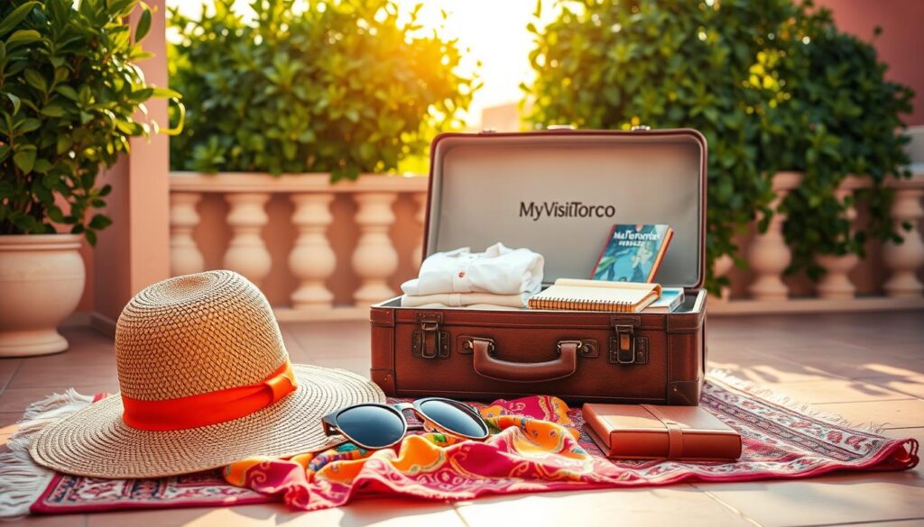 A vibrant still life on a sun-drenched Moroccan terrace, showcasing the essential items for a summer trip to this captivating country. In the foreground, a woven straw hat, stylish sunglasses, and a colorful sarong lie atop a traditional Moroccan rug. In the middle ground, a vintage suitcase with the "MyVisitMorocco" logo stands open, revealing neatly folded clothing, a leather-bound journal, and a guidebook. The background features lush, verdant plants cascading over the terrace's edge, with the warm, golden glow of the Moroccan sun filtering through. The overall atmosphere evokes the excitement and anticipation of an unforgettable Moroccan summer adventure. A vibrant still life on a sun-drenched Moroccan terrace, showcasing the essential items for a summer trip to this captivating country. In the foreground, a woven straw hat, stylish sunglasses, and a colorful sarong lie atop a traditional Moroccan rug. In the middle ground, a vintage suitcase with the "MyVisitMorocco" logo stands open, revealing neatly folded clothing, a leather-bound journal, and a guidebook. The background features lush, verdant plants cascading over the terrace's edge, with the warm, golden glow of the Moroccan sun filtering through. The overall atmosphere evokes the excitement and anticipation of an unforgettable Moroccan summer adventure.