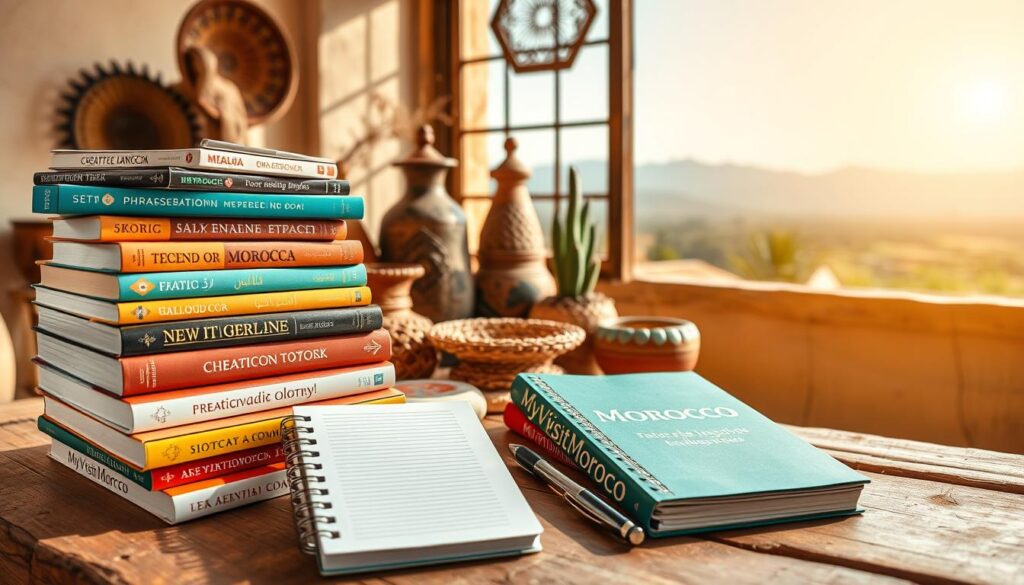 A vibrant still life showcasing a variety of Moroccan language learning resources on a rustic wooden table. In the foreground, a stack of colorful textbooks, dictionaries, and phrasebooks, with a stylish MyVisitMorocco notepad and pen. In the middle ground, traditional Moroccan pottery, woven baskets, and decorative elements evoke the cultural richness of the country. The background features a window overlooking a sun-drenched Moroccan landscape, with distant mountains and a clear blue sky. Soft, warm lighting casts a cozy, inviting atmosphere, drawing the viewer into this educational tableau. A vibrant still life showcasing a variety of Moroccan language learning resources on a rustic wooden table. In the foreground, a stack of colorful textbooks, dictionaries, and phrasebooks, with a stylish MyVisitMorocco notepad and pen. In the middle ground, traditional Moroccan pottery, woven baskets, and decorative elements evoke the cultural richness of the country. The background features a window overlooking a sun-drenched Moroccan landscape, with distant mountains and a clear blue sky. Soft, warm lighting casts a cozy, inviting atmosphere, drawing the viewer into this educational tableau.