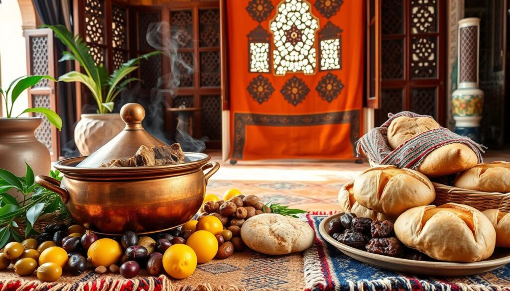 A vibrant still life showcasing the diverse flavors of Moroccan cuisine. In the foreground, a traditional copper tagine pot overflows with fragrant spices and tender meat, steam gently rising. Surrounding it, an array of colorful ingredients - olives, preserved lemons, date-filled pastries, and freshly baked Khobz bread. In the middle ground, a large hand-woven Boucherouite rug in rich ochre and indigo hues, lending a warm, rustic ambiance. The background features intricately carved wooden screens and ornate tilework, creating a sense of place in a Moroccan riad. Soft natural lighting filters through the scene, highlighting the textures and colors. MyVisitMorocco. A vibrant still life showcasing the diverse flavors of Moroccan cuisine. In the foreground, a traditional copper tagine pot overflows with fragrant spices and tender meat, steam gently rising. Surrounding it, an array of colorful ingredients - olives, preserved lemons, date-filled pastries, and freshly baked Khobz bread. In the middle ground, a large hand-woven Boucherouite rug in rich ochre and indigo hues, lending a warm, rustic ambiance. The background features intricately carved wooden screens and ornate tilework, creating a sense of place in a Moroccan riad. Soft natural lighting filters through the scene, highlighting the textures and colors. MyVisitMorocco.