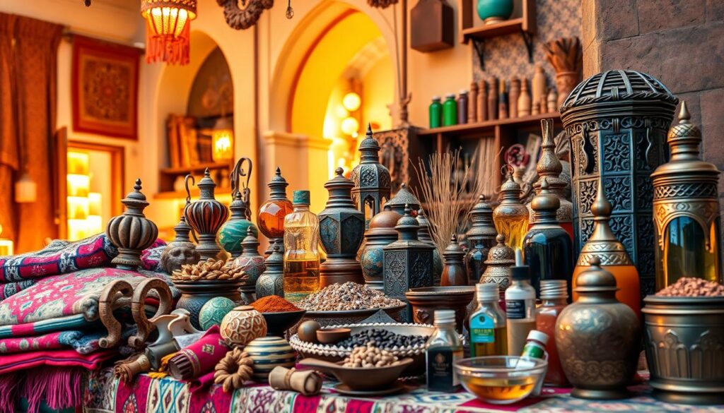A vibrant still life showcasing the rich cultural heritage of Morocco. In the foreground, an array of traditional crafts - intricately woven rugs, hand-carved wooden trinkets, and colorful glass lanterns. The middle ground features a selection of spices, teas, and aromatic oils, evoking the bustling souks of Marrakech. In the background, a glimpse of Moroccan architecture with its distinctive arched doorways and ornate tilework. Warm, golden lighting casts a cozy, inviting atmosphere. Captured with a wide-angle lens to emphasize the depth and variety of the MyVisitMorocco cultural display.