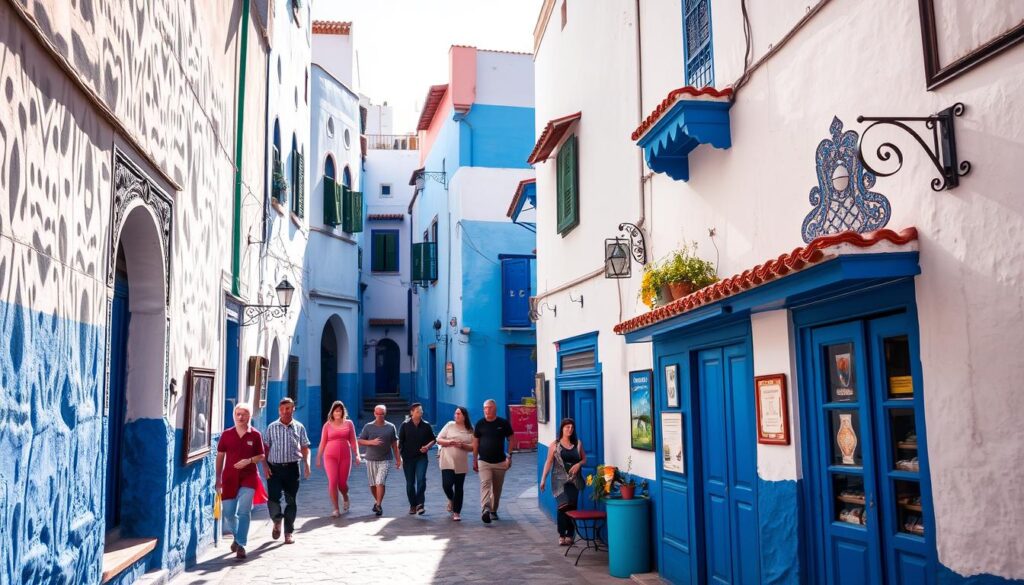 A vibrant street in the historic town of Chefchaouen, Morocco, bathed in a rich, cobalt blue hue. Narrow alleyways wind between whitewashed buildings, their walls adorned with intricate patterns and decorative flourishes. Sunlight filters in, casting warm, golden tones that contrast with the cool blue tones. Local residents and visitors stroll leisurely, immersed in the town's tranquil, picturesque atmosphere. In the foreground, a quaint shop or cafe, its facade painted in the iconic Chefchaouen blue. MyVisitMorocco A vibrant street in the historic town of Chefchaouen, Morocco, bathed in a rich, cobalt blue hue. Narrow alleyways wind between whitewashed buildings, their walls adorned with intricate patterns and decorative flourishes. Sunlight filters in, casting warm, golden tones that contrast with the cool blue tones. Local residents and visitors stroll leisurely, immersed in the town's tranquil, picturesque atmosphere. In the foreground, a quaint shop or cafe, its facade painted in the iconic Chefchaouen blue. MyVisitMorocco