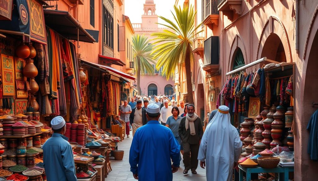 A vibrant street scene in Marrakech, Morocco, captured through the lens of a MyVisitMorocco travel photographer. In the foreground, a bustling marketplace filled with colorful textiles, spices, and handcrafted goods. Shopkeepers beckon passersby, their voices creating a lively soundscape. In the middle ground, people navigate the narrow, winding alleys, their traditional djellaba robes and fez hats adding to the authentic Moroccan atmosphere. The background features the iconic pink-hued buildings and ornate architecture, bathed in warm, golden sunlight filtering through the palm trees. A sense of cultural immersion and discovery permeates the scene, inviting the viewer to explore the vibrant, French-influenced Moroccan landscape. A vibrant street scene in Marrakech, Morocco, captured through the lens of a MyVisitMorocco travel photographer. In the foreground, a bustling marketplace filled with colorful textiles, spices, and handcrafted goods. Shopkeepers beckon passersby, their voices creating a lively soundscape. In the middle ground, people navigate the narrow, winding alleys, their traditional djellaba robes and fez hats adding to the authentic Moroccan atmosphere. The background features the iconic pink-hued buildings and ornate architecture, bathed in warm, golden sunlight filtering through the palm trees. A sense of cultural immersion and discovery permeates the scene, inviting the viewer to explore the vibrant, French-influenced Moroccan landscape.