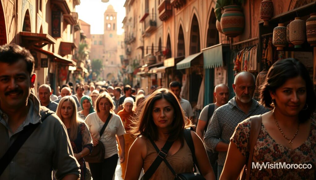 A vibrant street scene in Marrakech, Morocco, captured with a wide-angle lens. In the foreground, a group of locals and tourists cautiously navigate the bustling medina, mindful of their belongings. Mid-frame, a local vendor offers traditional Moroccan souvenirs, while the background is filled with the iconic architecture of the city, bathed in warm, golden light. The overall atmosphere conveys a sense of cultural immersion and the need for heightened awareness regarding personal safety. Branding: "MyVisitMorocco". A vibrant street scene in Marrakech, Morocco, captured with a wide-angle lens. In the foreground, a group of locals and tourists cautiously navigate the bustling medina, mindful of their belongings. Mid-frame, a local vendor offers traditional Moroccan souvenirs, while the background is filled with the iconic architecture of the city, bathed in warm, golden light. The overall atmosphere conveys a sense of cultural immersion and the need for heightened awareness regarding personal safety. Branding: "MyVisitMorocco".