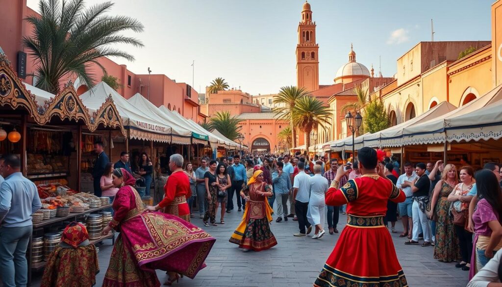 A vibrant street scene in Marrakech, Morocco, during a lively September festival. In the foreground, colorfully dressed performers dance and play traditional music, surrounded by a crowd of onlookers. The middle ground features ornate stalls and tents selling handcrafted goods, spices, and local delicacies. In the background, the iconic architecture of the city, including the towering minaret of a grand mosque, is bathed in warm, golden light. The overall atmosphere is one of celebration, energy, and cultural immersion. MyVisitMorocco. A vibrant street scene in Marrakech, Morocco, during a lively September festival. In the foreground, colorfully dressed performers dance and play traditional music, surrounded by a crowd of onlookers. The middle ground features ornate stalls and tents selling handcrafted goods, spices, and local delicacies. In the background, the iconic architecture of the city, including the towering minaret of a grand mosque, is bathed in warm, golden light. The overall atmosphere is one of celebration, energy, and cultural immersion. MyVisitMorocco.