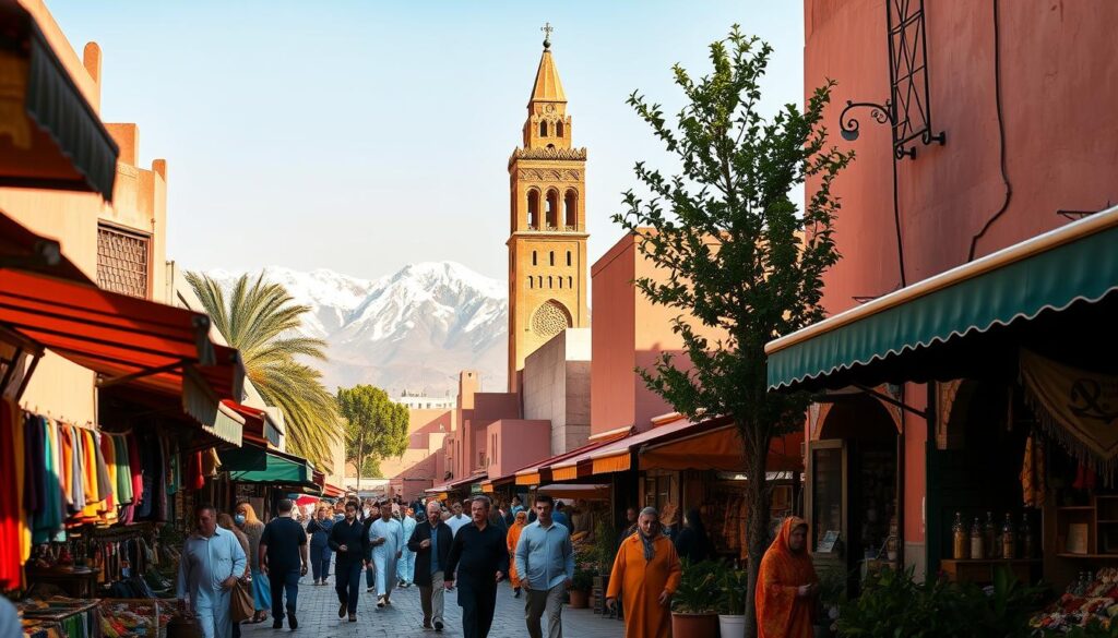 A vibrant street scene in Marrakech, Morocco, during the springtime. In the foreground, colorful market stalls line the cobblestone path, their awnings casting dappled shadows. Locals and tourists navigate the bustling scene, their traditional djellaba robes and djellaba hats adding to the cultural atmosphere. In the middle ground, the iconic minaret of the Koutoubia Mosque rises majestically, its intricate carvings and warm-hued stone glowing in the soft, golden light. In the background, the snow-capped Atlas Mountains provide a stunning natural backdrop, their peaks reaching towards the clear, azure sky. The overall mood is one of energy, warmth, and the awakening of spring. MyVisitMorocco. A vibrant street scene in Marrakech, Morocco, during the springtime. In the foreground, colorful market stalls line the cobblestone path, their awnings casting dappled shadows. Locals and tourists navigate the bustling scene, their traditional djellaba robes and djellaba hats adding to the cultural atmosphere. In the middle ground, the iconic minaret of the Koutoubia Mosque rises majestically, its intricate carvings and warm-hued stone glowing in the soft, golden light. In the background, the snow-capped Atlas Mountains provide a stunning natural backdrop, their peaks reaching towards the clear, azure sky. The overall mood is one of energy, warmth, and the awakening of spring. MyVisitMorocco.