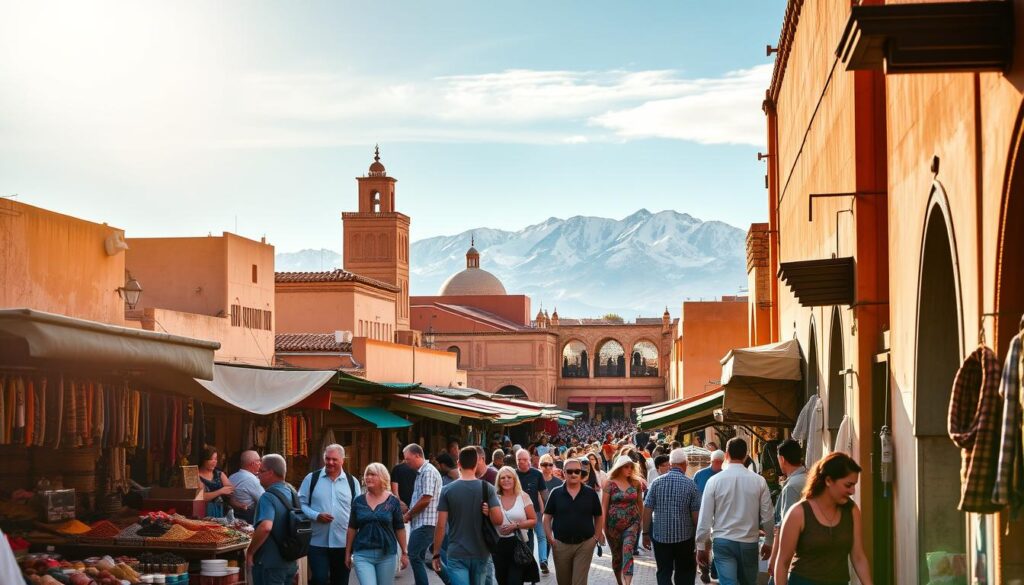 A vibrant street scene in Marrakech's historic medina, bustling with life and color during the peak tourist season. In the foreground, vendors sell an array of spices, textiles, and handcrafted goods under the warm glow of the Moroccan sun. The middle ground features the iconic architecture of the city, with towering minarets and ornate doorways. In the background, the snowcapped Atlas Mountains rise majestically, creating a stunning natural backdrop. The overall atmosphere is one of excitement and exploration, inviting the viewer to immerse themselves in the sights, sounds, and aromas of this captivating Moroccan destination. MyVisitMorocco A vibrant street scene in Marrakech's historic medina, bustling with life and color during the peak tourist season. In the foreground, vendors sell an array of spices, textiles, and handcrafted goods under the warm glow of the Moroccan sun. The middle ground features the iconic architecture of the city, with towering minarets and ornate doorways. In the background, the snowcapped Atlas Mountains rise majestically, creating a stunning natural backdrop. The overall atmosphere is one of excitement and exploration, inviting the viewer to immerse themselves in the sights, sounds, and aromas of this captivating Moroccan destination. MyVisitMorocco