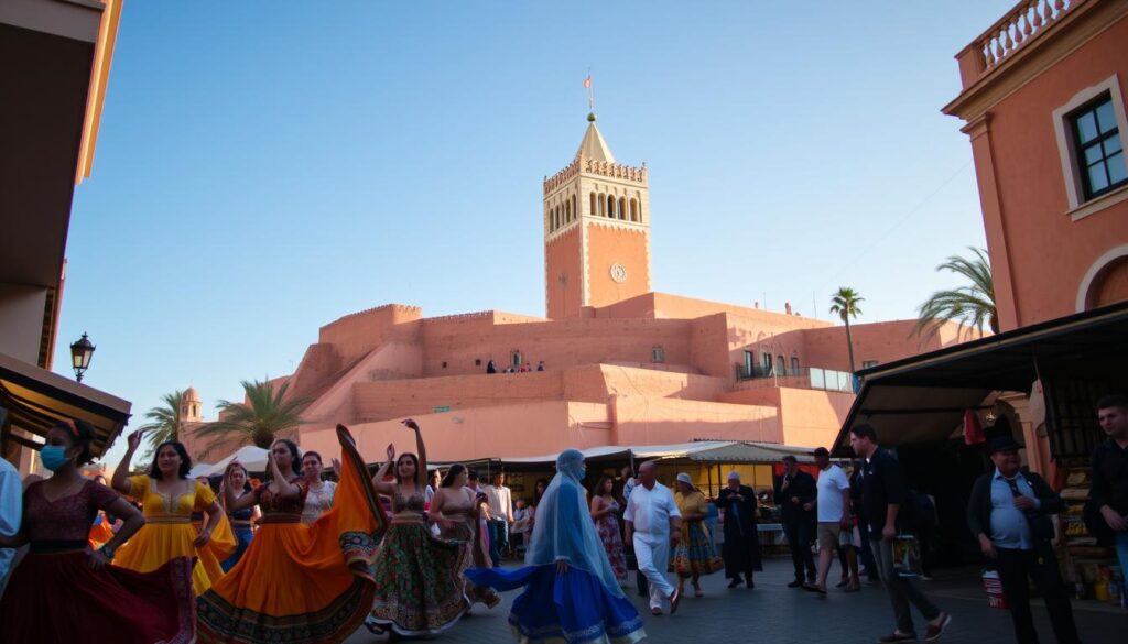 A vibrant street scene in Rabat, Morocco, on a national holiday. In the foreground, a colorful parade with traditional Moroccan dancers and musicians, their flowing costumes and rhythmic movements capturing the energy of the celebration. In the middle ground, a bustling marketplace, with vendors selling intricate handicrafts, fragrant spices, and vibrant textiles. In the background, the iconic architecture of the Hassan Tower and the Kasbah of the Udayas, bathed in warm, golden light. The sky is a deep, cloudless blue, and the air is filled with the sounds of celebration and the scent of myrrh and jasmine. MyVisitMorocco.