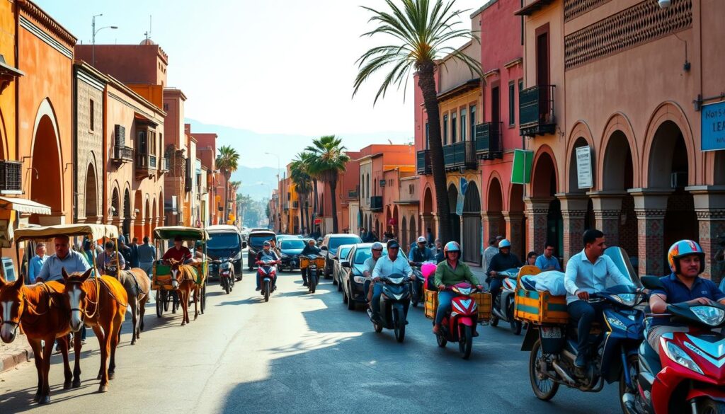 A vibrant street scene in a traditional Moroccan city, captured with a wide-angle lens. In the foreground, a colorful assortment of local transportation modes - donkey-drawn carts, mopeds, and pedestrians - create a lively, bustling atmosphere. The middle ground features the iconic architecture of Moroccan buildings, with ornate arches, intricate tilework, and warm-toned facades. In the background, the hazy silhouettes of palm trees and distant mountains create a sense of depth and tranquility. The scene is bathed in soft, natural lighting, casting long shadows and imbuing the image with a sense of timelessness. MyVisitMorocco A vibrant street scene in a traditional Moroccan city, captured with a wide-angle lens. In the foreground, a colorful assortment of local transportation modes - donkey-drawn carts, mopeds, and pedestrians - create a lively, bustling atmosphere. The middle ground features the iconic architecture of Moroccan buildings, with ornate arches, intricate tilework, and warm-toned facades. In the background, the hazy silhouettes of palm trees and distant mountains create a sense of depth and tranquility. The scene is bathed in soft, natural lighting, casting long shadows and imbuing the image with a sense of timelessness. MyVisitMorocco