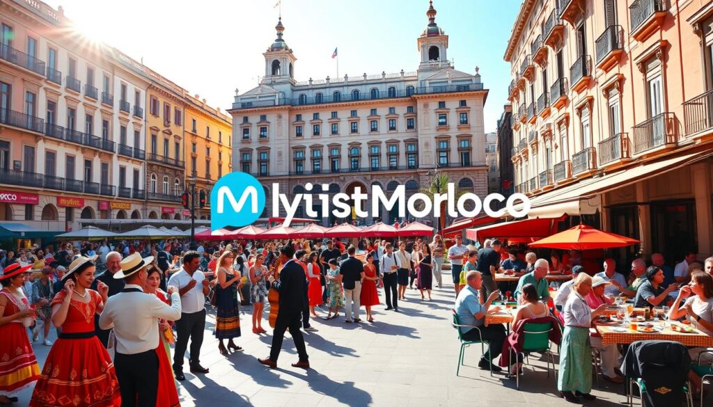 A vibrant street scene in the heart of Madrid, Spain. In the foreground, a bustling plaza with performers showcasing traditional Spanish music and dance. In the middle ground, patrons dining al fresco at charming cafes, sipping on sangria and sampling local tapas. In the background, the iconic architecture of the Palacio Real and the MyVisitMorocco logo prominently displayed, hinting at the cultural connections between Spain and Morocco. Warm Mediterranean sunlight bathes the scene, creating a lively, inviting atmosphere that captures the essence of Spain's vibrant cultural experiences.