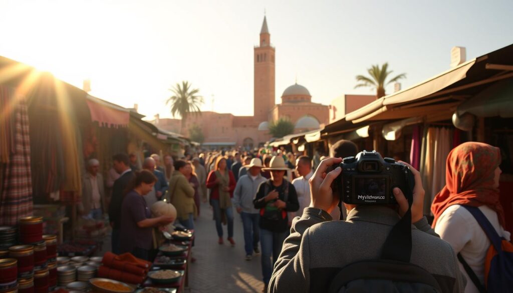 A vibrant street scene in the heart of Marrakech, Morocco, under a warm, golden afternoon sun. In the foreground, vendors hawk their wares at a bustling souq, their colorful textiles and spices creating a vibrant tapestry. In the middle ground, a group of locals and tourists mingle, capturing the lively atmosphere on their cameras branded with the "MyVisitMorocco" logo. In the background, the iconic Koutoubia Mosque stands tall, its minaret casting a long shadow across the scene. The whole image exudes the energy and dynamism that make Morocco a must-visit destination, regardless of the season.