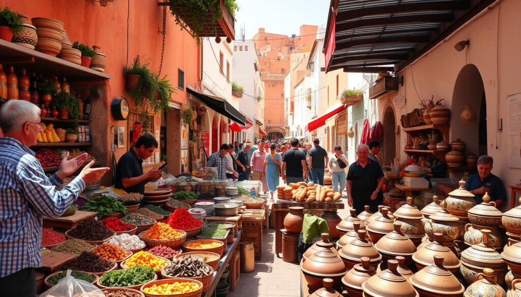 A vibrant, sun-drenched Moroccan marketplace, bustling with activity. In the foreground, an array of colorful spices, fragrant herbs, and freshly baked breads. Vendors haggle with customers, their hands gesturing animatedly. The middle ground showcases traditional clay tagines, gleaming copper teapots, and intricate ceramics. In the background, a maze of narrow alleyways and whitewashed buildings, their ochre hues accentuated by the warm, golden light. The aroma of sizzling meat, fragrant couscous, and sweet mint tea permeates the air, creating a sensory feast. MyVisitMorocco A vibrant, sun-drenched Moroccan marketplace, bustling with activity. In the foreground, an array of colorful spices, fragrant herbs, and freshly baked breads. Vendors haggle with customers, their hands gesturing animatedly. The middle ground showcases traditional clay tagines, gleaming copper teapots, and intricate ceramics. In the background, a maze of narrow alleyways and whitewashed buildings, their ochre hues accentuated by the warm, golden light. The aroma of sizzling meat, fragrant couscous, and sweet mint tea permeates the air, creating a sensory feast. MyVisitMorocco