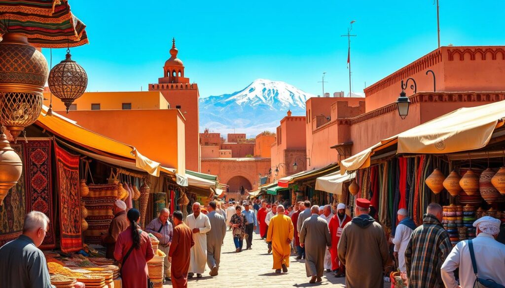 A vibrant, sun-drenched Moroccan street scene. In the foreground, a lively souk with colorful handwoven rugs, intricate copper lanterns, and stalls overflowing with spices and fragrant herbs. Locals in traditional djellaba robes and fez hats haggle with merchants, creating a tapestry of sights, sounds, and aromas. In the middle ground, the iconic architecture of Marrakech's old medina, with its ornate tile work and archways casting dramatic shadows. The background is dominated by the majestic Atlas Mountains, their snow-capped peaks touching the azure sky. Warm, golden lighting filters through, evoking a timeless, mystical atmosphere. MyVisitMorocco.