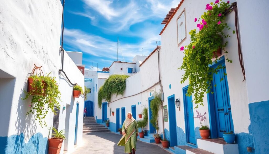 A vibrant, sun-drenched alleyway in the heart of Chefchaouen, Morocco's "Blue Pearl". Narrow, winding streets are lined with whitewashed buildings, their walls and doorways painted in shades of brilliant azure. Cascading flower boxes and potted plants add splashes of verdant green, complementing the cool, tranquil tones. In the foreground, a local resident strolls leisurely, their traditional Moroccan attire blending seamlessly with the picturesque surroundings. Overhead, the clear blue sky is dotted with wispy clouds, casting a soft, diffused light that illuminates the scene. MyVisitMorocco