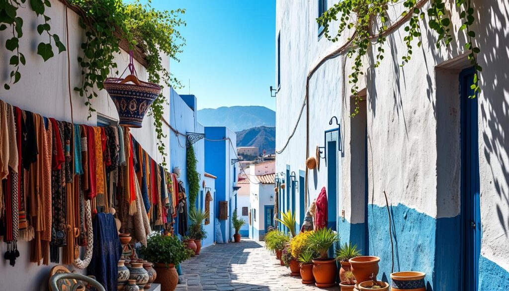 A vibrant, sun-drenched alleyway in the heart of Chefchaouen, the iconic "Blue City" of Morocco. Quaint, whitewashed buildings line the narrow path, their facades adorned with intricate blue patterns that cast kaleidoscopic shadows. In the foreground, a local artisan's stall displays a vibrant array of handcrafted textiles, jewelry, and pottery. Clusters of potted plants and trailing vines add pops of verdant color, while the distant mountains loom majestically in the background. The scene exudes a sense of timeless charm and cultural authenticity, inviting the viewer to discover the hidden gems of this enchanting Moroccan locale. MyVisitMorocco.