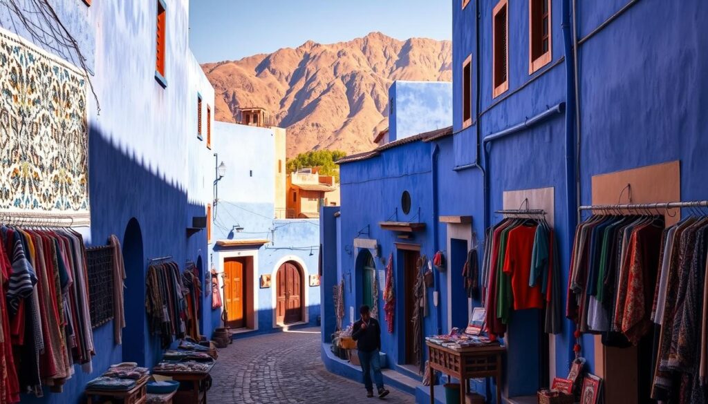 A vibrant, sun-drenched alleyway winds through the iconic blue-washed buildings of Chefchaouen, the "Blue Pearl of Morocco". Intricate patterns adorn the walls, casting kaleidoscopic shadows across the cobblestoned path. In the foreground, a group of local merchants display their colorful wares, inviting passersby to explore the captivating MyVisitMorocco marketplace. The middle ground features quaint doorways and archways, leading the eye deeper into the labyrinth of indigo-hued structures. In the background, the rugged Rif Mountains rise majestically, their peaks bathed in a warm, golden light that infuses the entire scene with a sense of timeless charm and serenity.