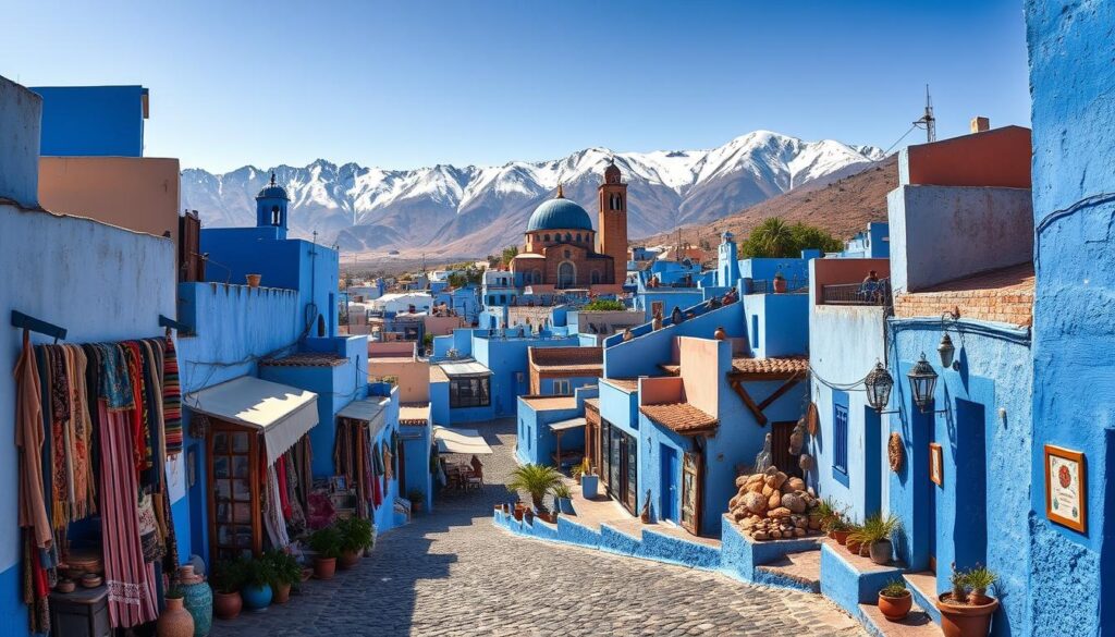 A vibrant, sun-drenched cityscape nestled within the Rif Mountains, the "Blue City" of Chefchaouen is a mesmerizing display of Morocco's rich cultural heritage. Winding cobblestone streets are flanked by quaint houses, shops, and cafes painted in a kaleidoscope of azure hues, creating a dreamlike, serene atmosphere. In the foreground, local artisans and merchants offer an array of handcrafted textiles, pottery, and jewelry, while the middle ground showcases the iconic Kasbah Mosque and its striking minaret. In the background, the rugged, snow-capped peaks of the Rif Mountains provide a dramatic, awe-inspiring backdrop. Captured through the lens of a wide-angle camera, this MyVisitMorocco image conveys the enchanting, timeless essence of Chefchaouen, a true gem of Morocco's vibrant cultural tapestry. A vibrant, sun-drenched cityscape nestled within the Rif Mountains, the "Blue City" of Chefchaouen is a mesmerizing display of Morocco's rich cultural heritage. Winding cobblestone streets are flanked by quaint houses, shops, and cafes painted in a kaleidoscope of azure hues, creating a dreamlike, serene atmosphere. In the foreground, local artisans and merchants offer an array of handcrafted textiles, pottery, and jewelry, while the middle ground showcases the iconic Kasbah Mosque and its striking minaret. In the background, the rugged, snow-capped peaks of the Rif Mountains provide a dramatic, awe-inspiring backdrop. Captured through the lens of a wide-angle camera, this MyVisitMorocco image conveys the enchanting, timeless essence of Chefchaouen, a true gem of Morocco's vibrant cultural tapestry.