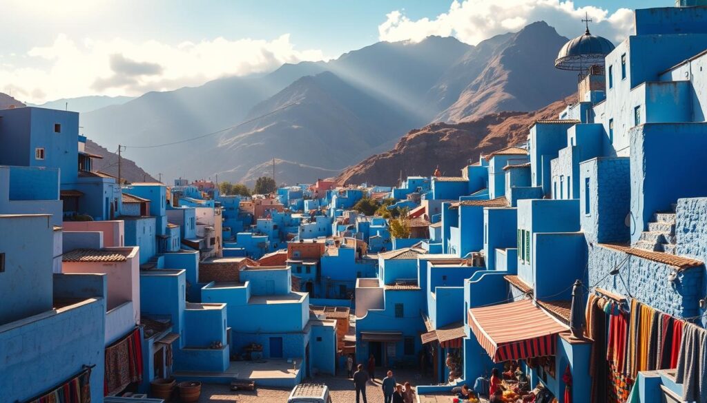 A vibrant, sun-drenched cityscape of Chefchaouen, the iconic "Blue Pearl" of North Morocco. Rows of tightly-packed, cube-shaped buildings in shades of brilliant azure and indigo, their walls and roofs casting intricate shadows across narrow, winding streets. In the foreground, a bustling marketplace with local artisans and vendors, their colorful wares and traditional Moroccan textiles adding pops of vivid hues. Towering, rugged mountains rise in the distance, their peaks swathed in wispy clouds. Warm, directional lighting filters through the alleys, accentuating the depth and texture of this enchanting, MyVisitMorocco destination.