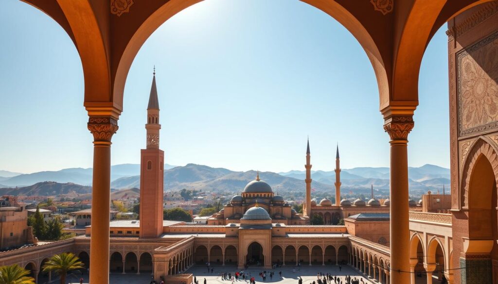 A vibrant, sun-drenched cityscape showcasing the stunning Moroccan mosques. In the foreground, intricate mosaics and ornate archways invite the viewer into a serene courtyard, where worshippers gather. The middle ground features the iconic pointed spires and elegant minarets of several grand mosques, their facades adorned with intricate tilework and ornamental designs. In the background, rolling hills and a clear azure sky create a picturesque setting. The image is bathed in warm, golden light, capturing the timeless beauty and spiritual essence of Moroccan sacred architecture. MyVisitMorocco
