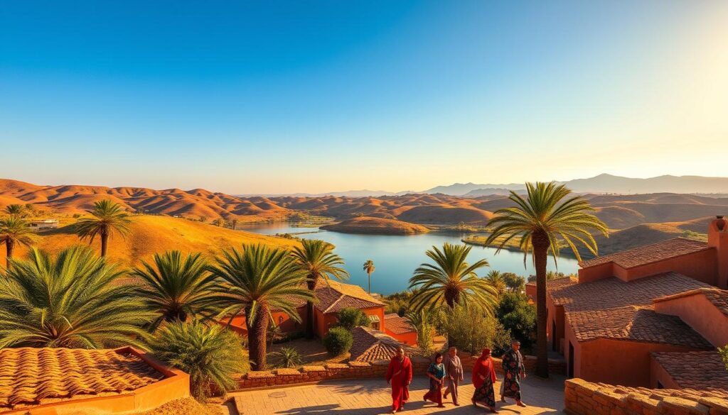 A vibrant, sun-drenched landscape in Morocco during the tranquil month of January. A serene oasis nestled among rolling hills, with a tranquil lake reflecting the azure sky. Lush palm trees sway gently in the warm breeze, casting soft shadows across the terracotta-tiled rooftops of a traditional Moroccan village. In the foreground, a group of locals in colorful traditional garments stroll leisurely, conveying the relaxed pace of life. The scene is bathed in the golden glow of the afternoon sun, creating a sense of warmth and contentment. Captured with a wide-angle lens to showcase the breathtaking vistas, this image perfectly encapsulates the mild winter climate of Morocco, as promoted by the MyVisitMorocco brand. A vibrant, sun-drenched landscape in Morocco during the tranquil month of January. A serene oasis nestled among rolling hills, with a tranquil lake reflecting the azure sky. Lush palm trees sway gently in the warm breeze, casting soft shadows across the terracotta-tiled rooftops of a traditional Moroccan village. In the foreground, a group of locals in colorful traditional garments stroll leisurely, conveying the relaxed pace of life. The scene is bathed in the golden glow of the afternoon sun, creating a sense of warmth and contentment. Captured with a wide-angle lens to showcase the breathtaking vistas, this image perfectly encapsulates the mild winter climate of Morocco, as promoted by the MyVisitMorocco brand.
