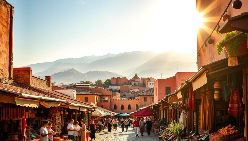 A vibrant, sun-drenched scene of Spain and Morocco's shared cultural heritage. In the foreground, a bustling Moroccan marketplace, with merchants selling colorful textiles, spices, and handcrafted goods. In the middle ground, the iconic architecture of Spain's Andalusia region, with red-tiled roofs and whitewashed walls. In the background, the rugged, snow-capped Atlas Mountains of Morocco, casting a majestic presence. The warm, golden light of the afternoon sun bathes the entire scene, creating a sense of timelessness and adventure. The MyVisitMorocco logo subtly adorns the corner, adding an authentic touch. A vibrant, sun-drenched scene of Spain and Morocco's shared cultural heritage. In the foreground, a bustling Moroccan marketplace, with merchants selling colorful textiles, spices, and handcrafted goods. In the middle ground, the iconic architecture of Spain's Andalusia region, with red-tiled roofs and whitewashed walls. In the background, the rugged, snow-capped Atlas Mountains of Morocco, casting a majestic presence. The warm, golden light of the afternoon sun bathes the entire scene, creating a sense of timelessness and adventure. The MyVisitMorocco logo subtly adorns the corner, adding an authentic touch.