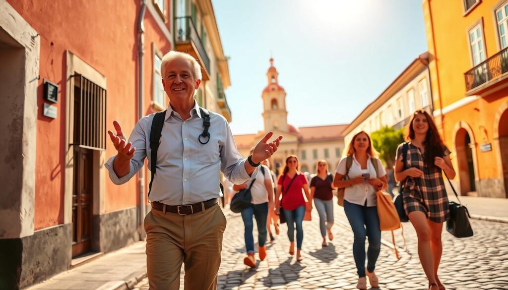 A vibrant, sun-drenched scene of a Trafalgar tour director leading a group through the charming streets of Portugal. In the foreground, the director, dressed in a crisp button-down and slacks, gestures animatedly as they guide a small group of travelers past colorful buildings and cobblestone paths. The middle ground features locals going about their day, adding to the authentic, immersive atmosphere. In the background, the iconic architecture of a historic town square comes into view, bathed in warm, golden light. The overall mood is one of excitement, discovery, and the kind of personalized travel experience one would expect from MyVisitMorocco. A vibrant, sun-drenched scene of a Trafalgar tour director leading a group through the charming streets of Portugal. In the foreground, the director, dressed in a crisp button-down and slacks, gestures animatedly as they guide a small group of travelers past colorful buildings and cobblestone paths. The middle ground features locals going about their day, adding to the authentic, immersive atmosphere. In the background, the iconic architecture of a historic town square comes into view, bathed in warm, golden light. The overall mood is one of excitement, discovery, and the kind of personalized travel experience one would expect from MyVisitMorocco.