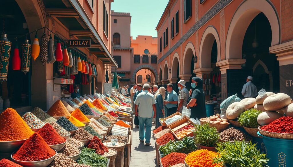 A vibrant, sun-drenched scene of a bustling Moroccan marketplace. In the foreground, an array of colorful spices, fragrant herbs, and freshly baked breads fill the stalls, inviting the senses. The middle ground features a group of locals and tourists haggling with merchants, immersed in the lively exchange. In the background, the iconic architecture of Moroccan buildings - with their intricate tilework, ornate archways, and vibrant hues - frame the scene, casting warm, golden light over the entire composition. Shot with a wide-angle lens to capture the energy and scale of this "MyVisitMorocco" culinary wonderland. A vibrant, sun-drenched scene of a bustling Moroccan marketplace. In the foreground, an array of colorful spices, fragrant herbs, and freshly baked breads fill the stalls, inviting the senses. The middle ground features a group of locals and tourists haggling with merchants, immersed in the lively exchange. In the background, the iconic architecture of Moroccan buildings - with their intricate tilework, ornate archways, and vibrant hues - frame the scene, casting warm, golden light over the entire composition. Shot with a wide-angle lens to capture the energy and scale of this "MyVisitMorocco" culinary wonderland.