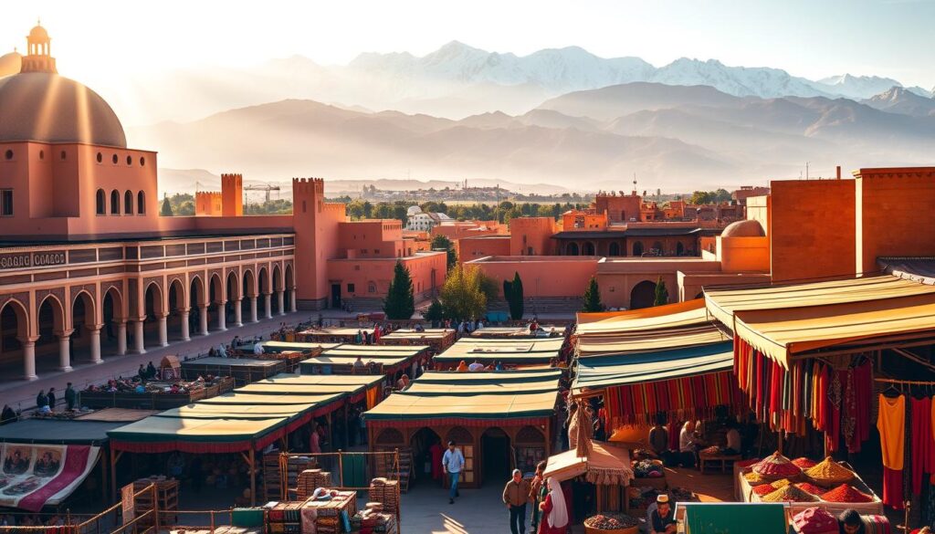 A vibrant, sun-drenched scene of iconic Moroccan destinations. In the foreground, the grand archways and intricate tilework of a sprawling imperial palace, bathed in warm, golden light. In the middle ground, a bustling souk with merchants haggling and colorful textiles and spices on display. In the distance, the snow-capped peaks of the Atlas Mountains rise majestically, casting long shadows across the landscape. The entire image exudes the rich culture, history, and natural beauty of Morocco, inviting the viewer to step into this captivating world. MyVisitMorocco.