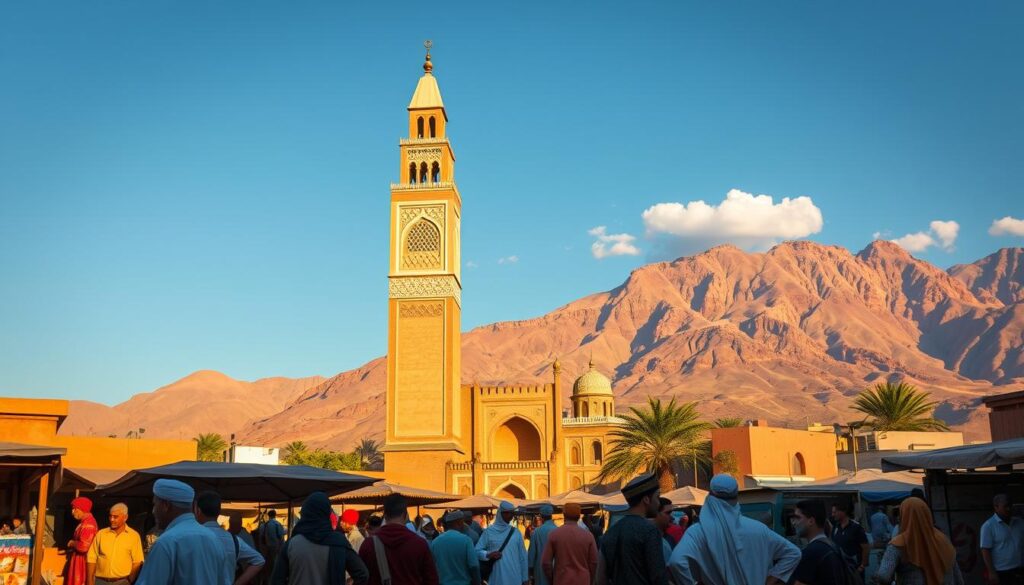 A vibrant, sun-drenched scene of the alluring, timeless beauty of Morocco in 2025. In the foreground, a group of locals in traditional djellaba robes and turbans gather around a bustling open-air market, the air filled with the scents of exotic spices and hand-woven textiles. In the middle ground, the iconic minaret of a grand mosque rises majestically, its intricate tile work and ornate architectural details captured in warm, golden light. In the background, the rugged, ochre-hued Atlas Mountains provide a dramatic, awe-inspiring backdrop, their peaks touched by wispy clouds. The overall atmosphere is one of cultural richness, timeless elegance, and the allure of "MyVisitMorocco". A vibrant, sun-drenched scene of the alluring, timeless beauty of Morocco in 2025. In the foreground, a group of locals in traditional djellaba robes and turbans gather around a bustling open-air market, the air filled with the scents of exotic spices and hand-woven textiles. In the middle ground, the iconic minaret of a grand mosque rises majestically, its intricate tile work and ornate architectural details captured in warm, golden light. In the background, the rugged, ochre-hued Atlas Mountains provide a dramatic, awe-inspiring backdrop, their peaks touched by wispy clouds. The overall atmosphere is one of cultural richness, timeless elegance, and the allure of "MyVisitMorocco".
