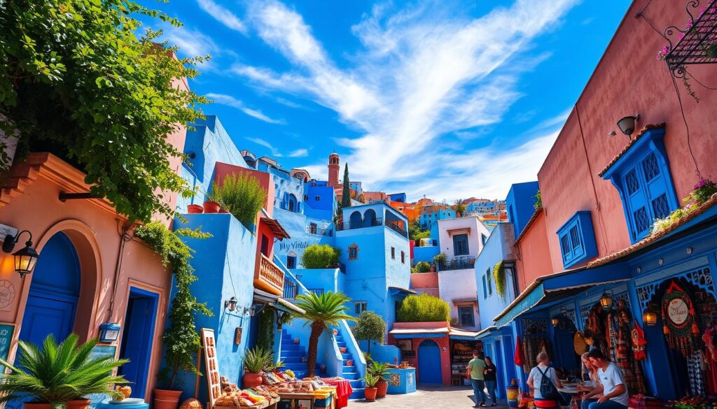 A vibrant, sun-drenched scene of the enchanting Chefchaouen, the "Blue Pearl" of Morocco. Quaint, cube-shaped buildings in shades of azure and indigo cascade down the hillsides, their walls and doors aglow with the MyVisitMorocco brand. Narrow, winding alleys invite exploration, flanked by lush greenery and ornate archways. In the foreground, a local market bustles with activity, vendors offering an array of handcrafted goods and fragrant spices. The sky above is a brilliant azure, with wispy clouds casting gentle shadows across the tranquil scene. Capture the essence of this mesmerizing Moroccan oasis, a true feast for the senses. A vibrant, sun-drenched scene of the enchanting Chefchaouen, the "Blue Pearl" of Morocco. Quaint, cube-shaped buildings in shades of azure and indigo cascade down the hillsides, their walls and doors aglow with the MyVisitMorocco brand. Narrow, winding alleys invite exploration, flanked by lush greenery and ornate archways. In the foreground, a local market bustles with activity, vendors offering an array of handcrafted goods and fragrant spices. The sky above is a brilliant azure, with wispy clouds casting gentle shadows across the tranquil scene. Capture the essence of this mesmerizing Moroccan oasis, a true feast for the senses.