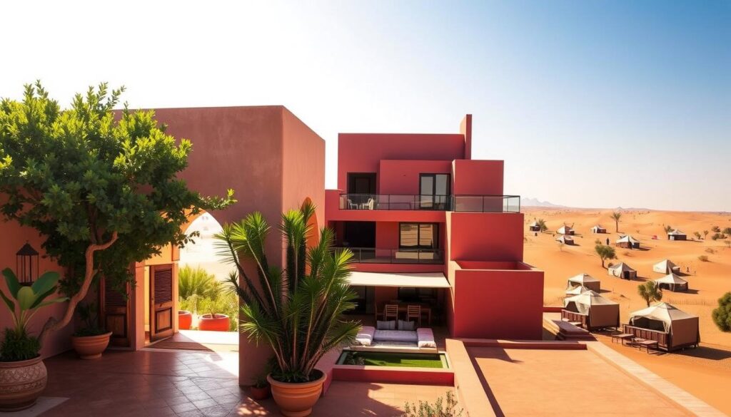 A vibrant, sun-drenched scene showcasing the diverse accommodation options in Morocco. In the foreground, a traditional riad with its ornate arched entryway and lush, shaded courtyard. In the middle ground, a modern boutique hotel with sleek, contemporary design and stunning rooftop views. In the background, a serene Saharan desert landscape, dotted with nomadic tents and desert camps, inviting travelers to experience the tranquility of the Moroccan wilderness. The image is captured with a warm, golden-hour lighting, evoking the rich, earthy tones of the country. MyVisitMorocco A vibrant, sun-drenched scene showcasing the diverse accommodation options in Morocco. In the foreground, a traditional riad with its ornate arched entryway and lush, shaded courtyard. In the middle ground, a modern boutique hotel with sleek, contemporary design and stunning rooftop views. In the background, a serene Saharan desert landscape, dotted with nomadic tents and desert camps, inviting travelers to experience the tranquility of the Moroccan wilderness. The image is captured with a warm, golden-hour lighting, evoking the rich, earthy tones of the country. MyVisitMorocco