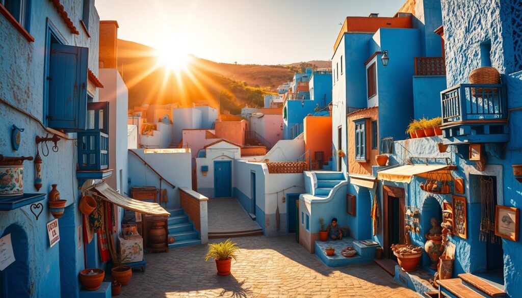 A vibrant, sun-drenched view of the iconic "Chefchaouen Blue Pearl" of Morocco. Nestled between rolling hills, the quaint, maze-like streets are bathed in a mesmerizing azure hue, with buildings, stairs, and doorways cascading in shades of blue. A close-up composition showcases the intricate architectural details, textures, and patterns that define this picturesque town. Warm, golden light filters through the narrow alleyways, casting dramatic shadows and highlights that accentuate the town's unique character. In the foreground, a tranquil plaza features local artisans and vendors selling their wares, conveying the bustling, authentic energy of Chefchaouen. The overall scene exudes a sense of serene, timeless charm that captures the essence of this "MyVisitMorocco" Blue Pearl.