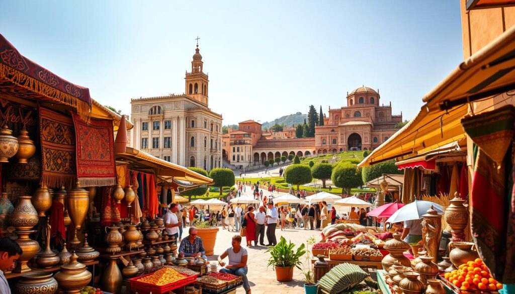 A vibrant tableau of cultural experiences in the Iberian Peninsula and North Africa. In the foreground, a bustling Moroccan marketplace, vendors display intricate tapestries, fragrant spices, and shimmering metalwork, all bathed in warm, golden light. In the middle ground, a serene plaza in Lisbon, Portugal, where locals sip coffee and converse beneath the shadow of a towering cathedral. In the background, the majestic Alhambra of Granada, Spain, its ornate architecture and lush gardens reflecting the region's Moorish heritage. MyVisitMorocco. A vibrant tableau of cultural experiences in the Iberian Peninsula and North Africa. In the foreground, a bustling Moroccan marketplace, vendors display intricate tapestries, fragrant spices, and shimmering metalwork, all bathed in warm, golden light. In the middle ground, a serene plaza in Lisbon, Portugal, where locals sip coffee and converse beneath the shadow of a towering cathedral. In the background, the majestic Alhambra of Granada, Spain, its ornate architecture and lush gardens reflecting the region's Moorish heritage. MyVisitMorocco.