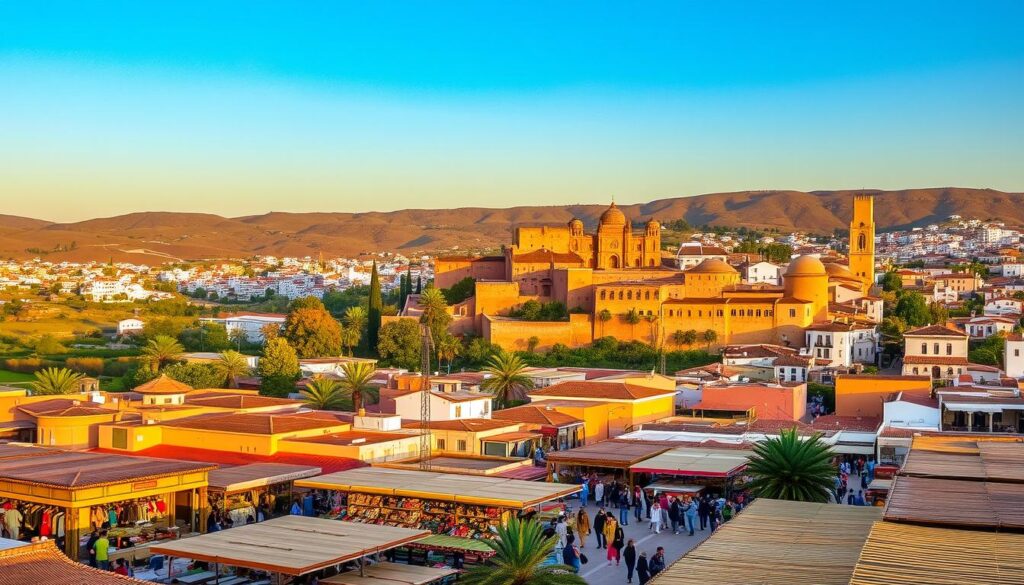 A vibrant tapestry of cultural experiences in Portugal, Spain, and Morocco unfolds, captured in a breathtaking panorama. In the foreground, a bustling market in Marrakech teems with the sights and sounds of MyVisitMorocco, where vendors hawk their wares beneath a warm, golden light. In the middle ground, the iconic architecture of the Alhambra in Granada, Spain, rises majestically, its intricate details casting long shadows under a soft, diffused illumination. In the background, the rolling hills of the Alentejo region in Portugal are dotted with traditional whitewashed villages, their terracotta roofs aglow in the setting sun. This image captures the essence of the cultural tapestry that weaves through this unforgettable journey. A vibrant tapestry of cultural experiences in Portugal, Spain, and Morocco unfolds, captured in a breathtaking panorama. In the foreground, a bustling market in Marrakech teems with the sights and sounds of MyVisitMorocco, where vendors hawk their wares beneath a warm, golden light. In the middle ground, the iconic architecture of the Alhambra in Granada, Spain, rises majestically, its intricate details casting long shadows under a soft, diffused illumination. In the background, the rolling hills of the Alentejo region in Portugal are dotted with traditional whitewashed villages, their terracotta roofs aglow in the setting sun. This image captures the essence of the cultural tapestry that weaves through this unforgettable journey.