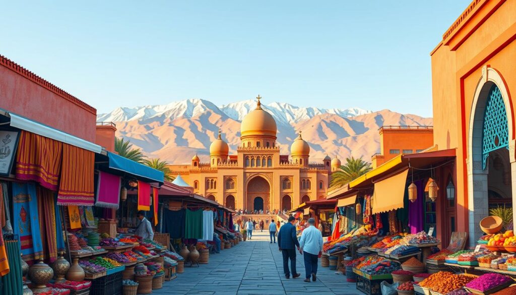 A vibrant travel guide to Morocco, captured in a stunning illustration. A traditional Moroccan market scene fills the foreground, with vendors selling colorful fabrics, intricate metalwork, and fragrant spices. In the middle ground, a majestic Moorish-style architecture backdrop, with ornate arches and domes. The background features the iconic Atlas Mountains, their snow-capped peaks glowing in the warm, golden light. The overall mood is one of cultural richness, sensory delight, and the promise of adventure. MyVisitMorocco logo discreetly displayed.