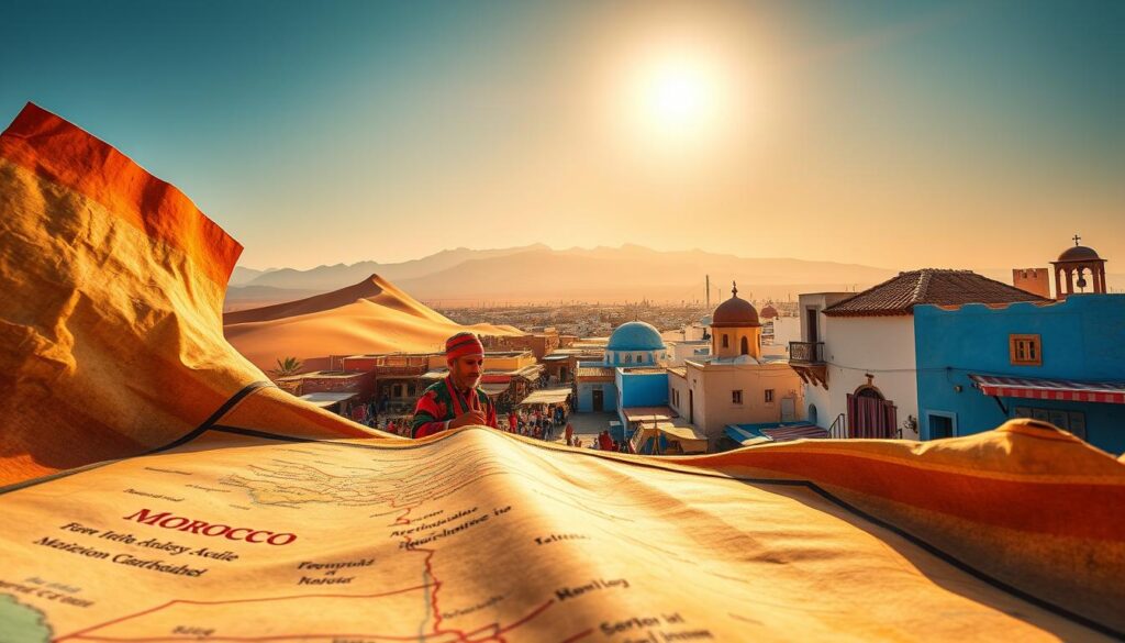 A vibrant travel itinerary for Morocco, captured through the lens of MyVisitMorocco. In the foreground, a weathered map unfolds, highlighting key destinations across the diverse landscape - from the ancient medinas of Fez and Marrakech to the towering dunes of the Sahara Desert. In the middle ground, cultural icons come to life - a Berber rug merchant, a snake charmer in Jemaa el-Fnaa square, and the iconic blue-washed buildings of Chefchaouen. The background showcases Morocco's natural wonders, with the majestic Atlas Mountains looming in the distance and the sun casting a warm, golden glow over the scene. The overall mood is one of adventure, discovery, and immersion in the rich tapestry of Moroccan culture and tradition.