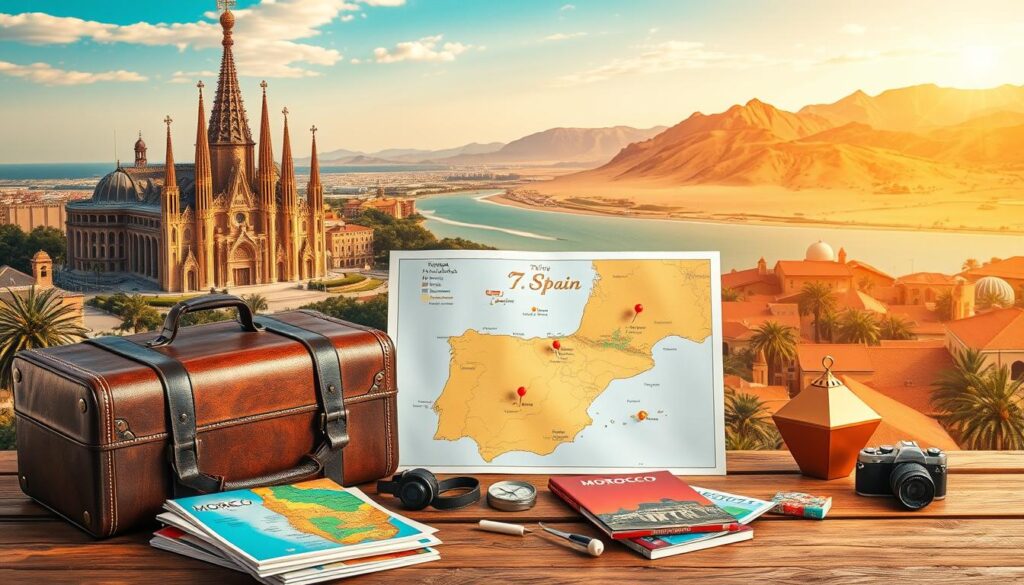 A vibrant travel planning scene featuring Spain, Portugal, and Morocco. In the foreground, a vintage suitcase and a globe sit atop a wooden table, surrounded by colorful travel guides, a compass, and a camera. In the middle ground, a map of the Iberian Peninsula and North Africa is prominently displayed, with push pins marking key destinations. The background depicts a dreamy landscape, with the iconic Sagrada Familia in Barcelona, the picturesque Algarve coastline, and the majestic Atlas Mountains of Morocco, all bathed in warm, golden light. The mood is one of excitement and anticipation for an immersive cultural journey. MyVisitMorocco