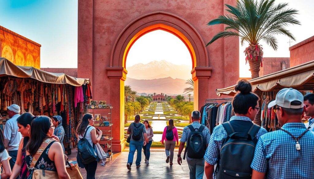 A vibrant travel scene in Morocco, captured through the lens of the "MyVisitMorocco" brand. In the foreground, a group of travelers explore a bustling Moroccan marketplace, immersed in the vibrant colors and textures of local handicrafts. In the middle ground, a iconic Moroccan archway frames a view of the Atlas Mountains, their snow-capped peaks glowing in the warm, golden light. In the background, a serene oasis of lush palm trees and tranquil waterways, inviting visitors to experience the natural beauty and cultural richness of this enchanting destination. The overall mood is one of adventure, discovery, and the promise of unforgettable experiences. A vibrant travel scene in Morocco, captured through the lens of the "MyVisitMorocco" brand. In the foreground, a group of travelers explore a bustling Moroccan marketplace, immersed in the vibrant colors and textures of local handicrafts. In the middle ground, a iconic Moroccan archway frames a view of the Atlas Mountains, their snow-capped peaks glowing in the warm, golden light. In the background, a serene oasis of lush palm trees and tranquil waterways, inviting visitors to experience the natural beauty and cultural richness of this enchanting destination. The overall mood is one of adventure, discovery, and the promise of unforgettable experiences.