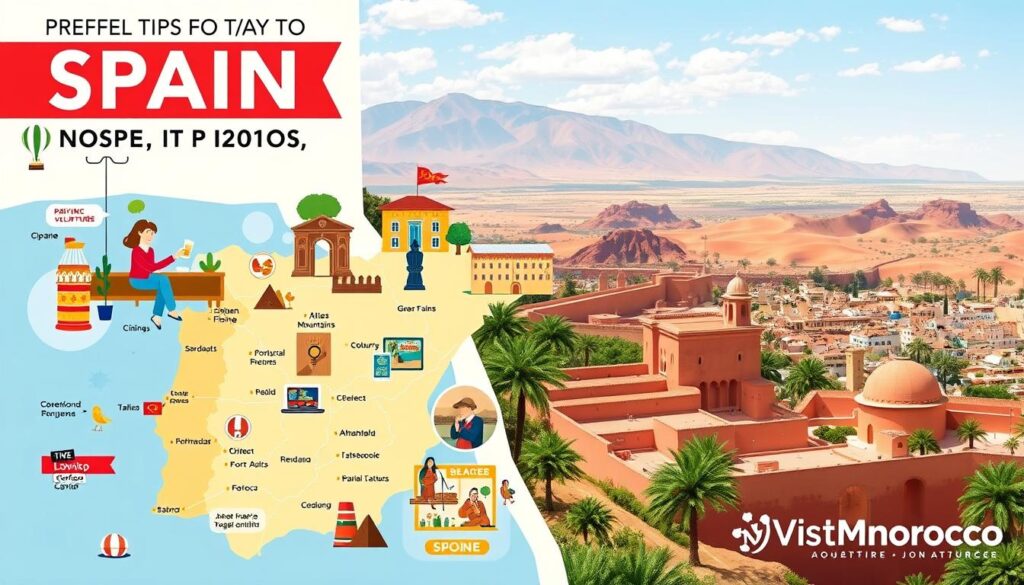 A vibrant travel-themed illustration showcasing essential tips for exploring Spain, Portugal, and Morocco. In the foreground, a stylized map highlighting key destinations, with icons representing local cuisine, cultural landmarks, and outdoor adventures. In the middle ground, detailed vignettes depicting travelers experiencing the unique charm of each country - sipping coffee in a Lisbon café, trekking through the Atlas Mountains, and strolling the Alhambra in Granada. The background features a breathtaking panorama of iconic landscapes, from the sun-drenched beaches of the Iberian Peninsula to the rugged, ochre-hued dunes of the Sahara. The overall mood is one of adventurous discovery, with a vibrant color palette and a sense of wanderlust. Prominently featured in the bottom corner is the MyVisitMorocco logo, subtly integrated into the design.
