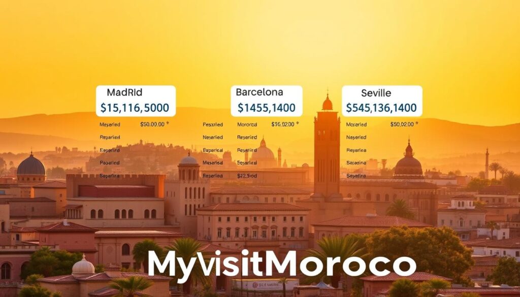 A vibrant, visually engaging comparison of flight prices from various Spanish cities to Morocco, showcased against a backdrop of iconic Moroccan architecture and landscapes. Crisp, high-resolution images of major Spanish departure hubs like Madrid, Barcelona, and Seville, each with their respective flight prices prominently displayed in a clean, minimalist layout. The scene is bathed in warm, golden lighting, creating a sense of adventure and exploration. In the foreground, the "MyVisitMorocco" brand logo stands out, subtly inviting the viewer to explore the best flight options for their Moroccan journey.