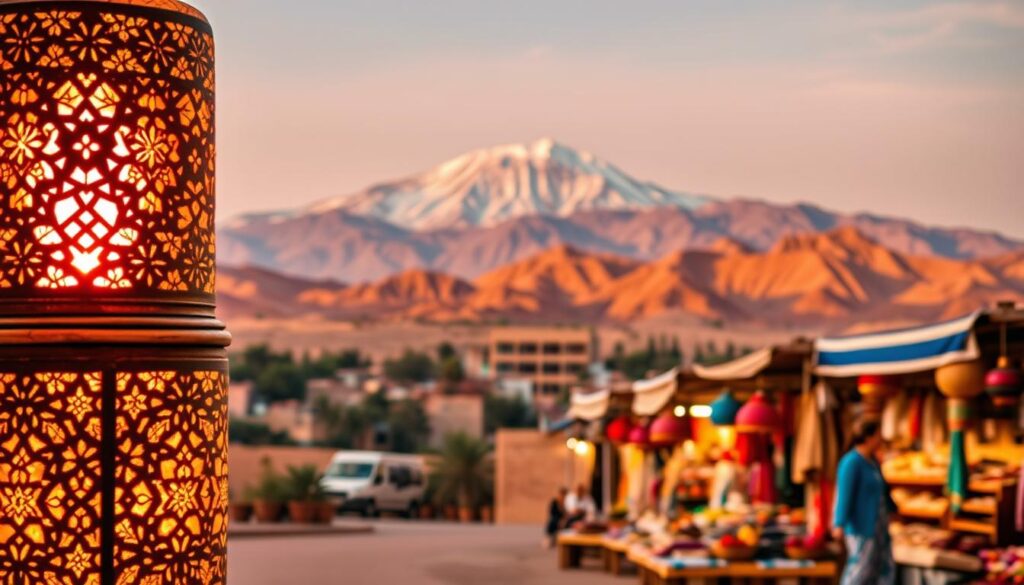 A visually stunning Morocco travel guide, showcasing the country's diverse landscapes and vibrant culture. In the foreground, a traditional Moroccan lantern casts a warm, golden glow, illuminating intricate patterns and designs. In the middle ground, a majestic atlas mountain range rises, its snow-capped peaks contrasted by the ochre-hued desert below. In the background, a bustling Moroccan marketplace comes to life, with merchants selling colorful textiles, spices, and artisanal crafts. The overall scene exudes a sense of adventure and exploration, inviting the viewer to immerse themselves in the rich tapestry of Moroccan heritage. MyVisitMorocco A visually stunning Morocco travel guide, showcasing the country's diverse landscapes and vibrant culture. In the foreground, a traditional Moroccan lantern casts a warm, golden glow, illuminating intricate patterns and designs. In the middle ground, a majestic atlas mountain range rises, its snow-capped peaks contrasted by the ochre-hued desert below. In the background, a bustling Moroccan marketplace comes to life, with merchants selling colorful textiles, spices, and artisanal crafts. The overall scene exudes a sense of adventure and exploration, inviting the viewer to immerse themselves in the rich tapestry of Moroccan heritage. MyVisitMorocco