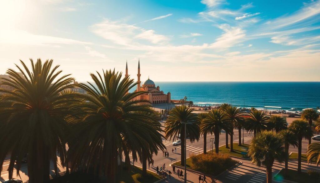 A warm, sun-drenched scene in Casablanca, Morocco on a December day. A wide vista of the coastal city, with the iconic Hassan II Mosque prominently featured in the center, its striking architecture bathed in golden light. In the foreground, palm trees sway gently, casting dappled shadows on the bustling streets below. People stroll along the seaside promenade, enjoying the mild winter weather. The sky is a brilliant blue, dotted with wispy clouds. In the distance, the sparkling waters of the Atlantic Ocean stretch out to the horizon. The overall mood is one of tranquility and vibrance, showcasing the "MyVisitMorocco" experience.