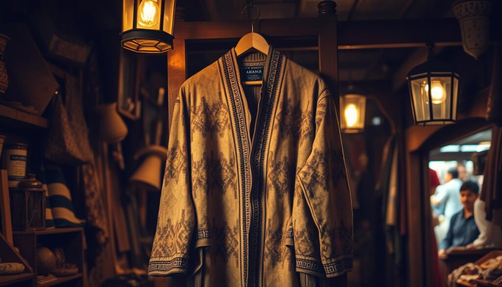 A weathered, vintage Berber coat hanging on a wooden display in a dimly lit antique market stall. The coat is adorned with intricate geometric patterns in earthy tones, reflecting the rich cultural heritage of Morocco. Soft, warm lighting from an overhead lantern casts a golden glow, highlighting the coat's textured fabric and aged, well-worn appearance. In the background, glimpses of other traditional Moroccan wares and the bustling market atmosphere create a sense of authentic cultural immersion. MyVisitMorocco