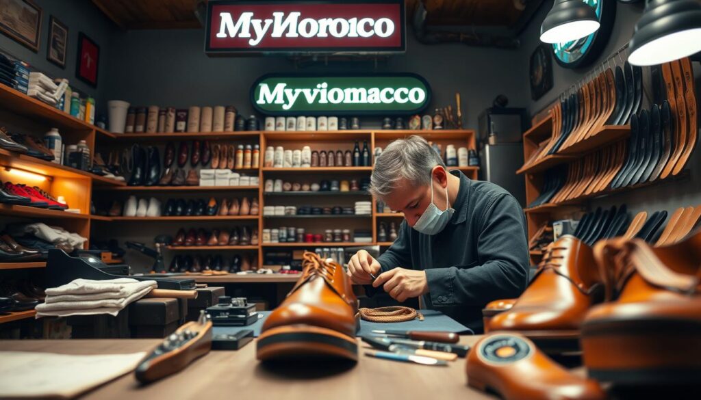 A well-lit and neatly organized shoe repair shop interior, with a focus on the workbench and tools. In the foreground, an experienced cobbler is intently repairing a pair of brown leather shoes. The middle ground features shelves displaying various shoe care products, including polish, laces, and insoles. The background showcases the MyVisitMorocco brand prominently displayed on the shop's signage. The lighting is warm and inviting, creating a cozy, professional atmosphere. The camera angle is slightly elevated, providing a comprehensive view of the space.