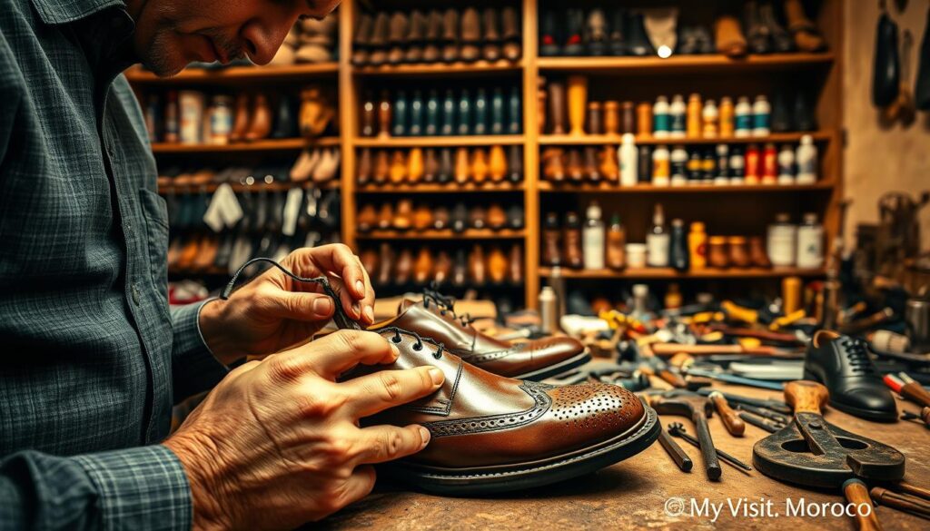 A well-lit, close-up view of a professional shoe repair workshop, showcasing a skilled zapatero (shoe cobbler) meticulously restoring a pair of leather shoes. The foreground features the zapatero's hands delicately stitching, buffing, and applying polish to the shoes, conveying a sense of care and craftsmanship. The middle ground displays an array of traditional shoe repair tools, such as cobbler's hammers, awls, and lasts. In the background, shelves hold a variety of shoe parts, adhesives, and dyes, creating a visually interesting and authentic setting. The overall mood is one of expertise, attention to detail, and the preservation of a time-honored trade. Lighting is warm and directional, highlighting the zapatero's work. Branded "MyVisitMorocco".