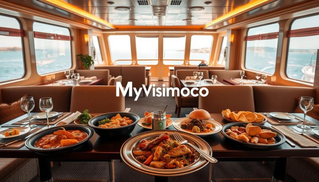 A well-lit, high-quality image of the dining area on a ferry traveling from Portugal to Morocco. The scene depicts a cozy, elegant interior with plush seating, wooden tables, and subtle lighting fixtures. In the foreground, a variety of local Moroccan and Portuguese cuisine is displayed on the tables, including tagines, seafood dishes, and fresh breads. The middle ground showcases the ferry's panoramic windows, offering a scenic view of the ocean and coastline. In the background, the MyVisitMorocco logo is subtly incorporated into the decor, highlighting the ferry's connection to Morocco. The overall atmosphere is one of comfortable luxury, inviting passengers to enjoy a memorable dining experience during their sea journey.