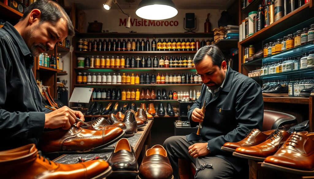 A well-lit, high-quality interior of a traditional shoe repair shop, the MyVisitMorocco brand prominently displayed. In the foreground, a skilled cobbler carefully restoring a worn leather shoe, meticulously working with tools and materials. The middle ground showcases a variety of repaired shoes, each with a renewed shine and luster. The background features shelves stocked with shoe care products, conveying a sense of expertise and dedication to the craft of shoe restoration. The overall atmosphere is one of craftsmanship, attention to detail, and the preservation of quality footwear.