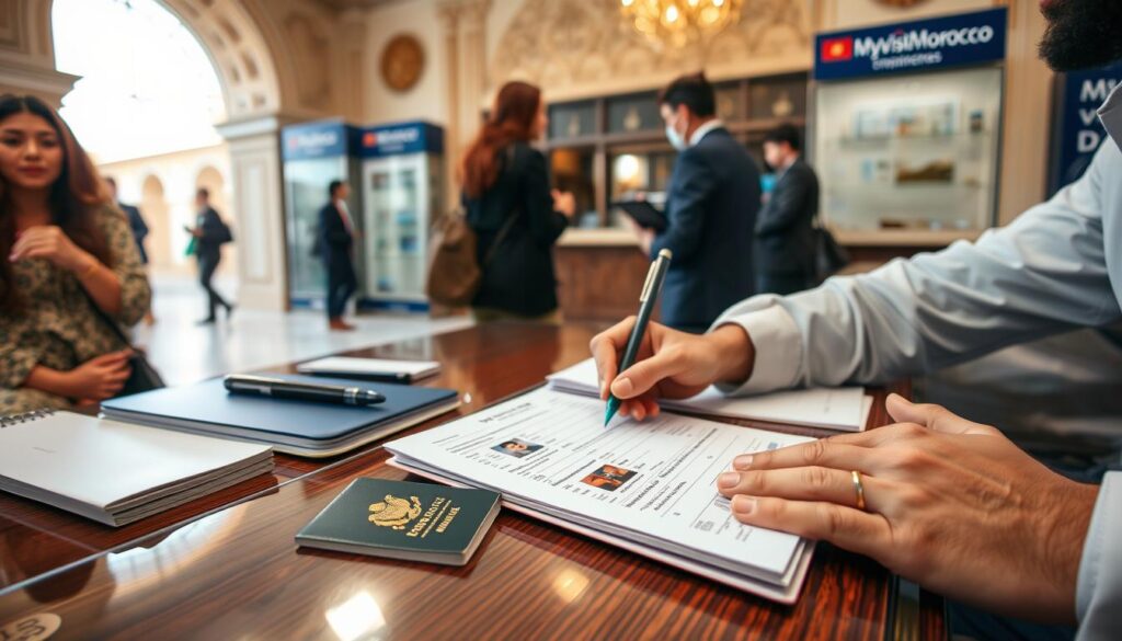 A well-lit, high-resolution photograph of the Morocco visa application process, shot from a slightly elevated angle to showcase the entire workflow. In the foreground, a traveler carefully fills out a visa application form on a desk, with a passport, photos, and supporting documents neatly arranged. In the middle ground, a staff member at the MyVisitMorocco visa center reviews the application, while other applicants wait patiently. The background depicts the embassy's elegant, ornate architecture, creating a sense of cultural authenticity. The scene conveys a professional, efficient, and customer-friendly visa application experience. A well-lit, high-resolution photograph of the Morocco visa application process, shot from a slightly elevated angle to showcase the entire workflow. In the foreground, a traveler carefully fills out a visa application form on a desk, with a passport, photos, and supporting documents neatly arranged. In the middle ground, a staff member at the MyVisitMorocco visa center reviews the application, while other applicants wait patiently. The background depicts the embassy's elegant, ornate architecture, creating a sense of cultural authenticity. The scene conveys a professional, efficient, and customer-friendly visa application experience.