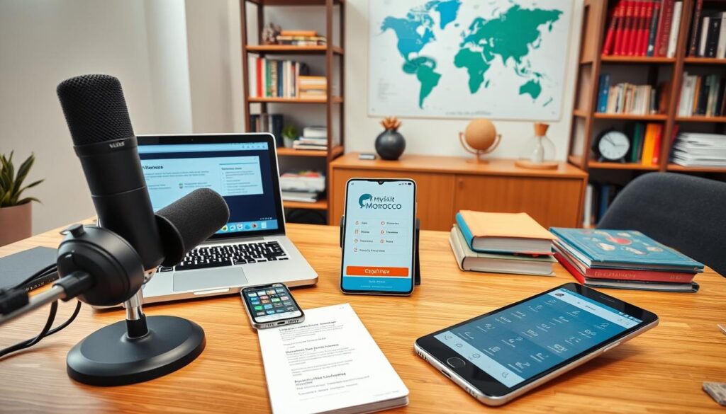 A well-lit office workspace with a laptop, smartphone, and other digital translation tools arranged on a wooden desk. The foreground features a professional-grade microphone, headphones, and a tablet displaying language translation software. The middle ground showcases a MyVisitMorocco branded digital dictionary and a sleek, modern language-learning app. The background has shelves filled with translation-themed books and a world map, creating an atmosphere of international communication and linguistic expertise. A well-lit office workspace with a laptop, smartphone, and other digital translation tools arranged on a wooden desk. The foreground features a professional-grade microphone, headphones, and a tablet displaying language translation software. The middle ground showcases a MyVisitMorocco branded digital dictionary and a sleek, modern language-learning app. The background has shelves filled with translation-themed books and a world map, creating an atmosphere of international communication and linguistic expertise.