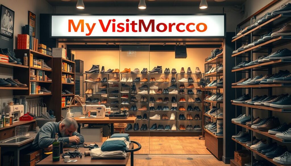 A well-lit, photorealistic image of a modern, well-stocked shoe repair shop with the brand name "MyVisitMorocco" prominently displayed on the storefront. The interior features a clean, organized workspace with various tools, sewing machines, and a selection of shoe care products. In the foreground, a skilled cobbler diligently working on repairing a pair of leather shoes. The middle ground showcases a diverse range of footwear, from dress shoes to casual sneakers, neatly arranged on shelves. The background depicts a warm, inviting atmosphere with warm lighting and a welcoming ambiance, suggesting a neighborhood-friendly establishment focused on providing high-quality shoe repair services.